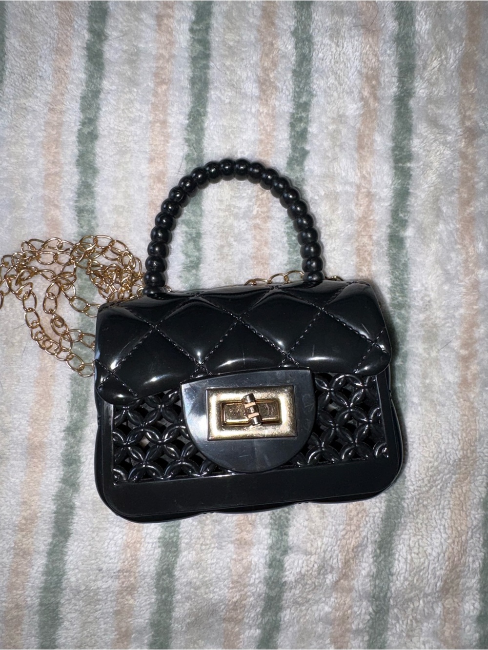 Black Mini Mesh Crossbody Bag with Gold Hardware